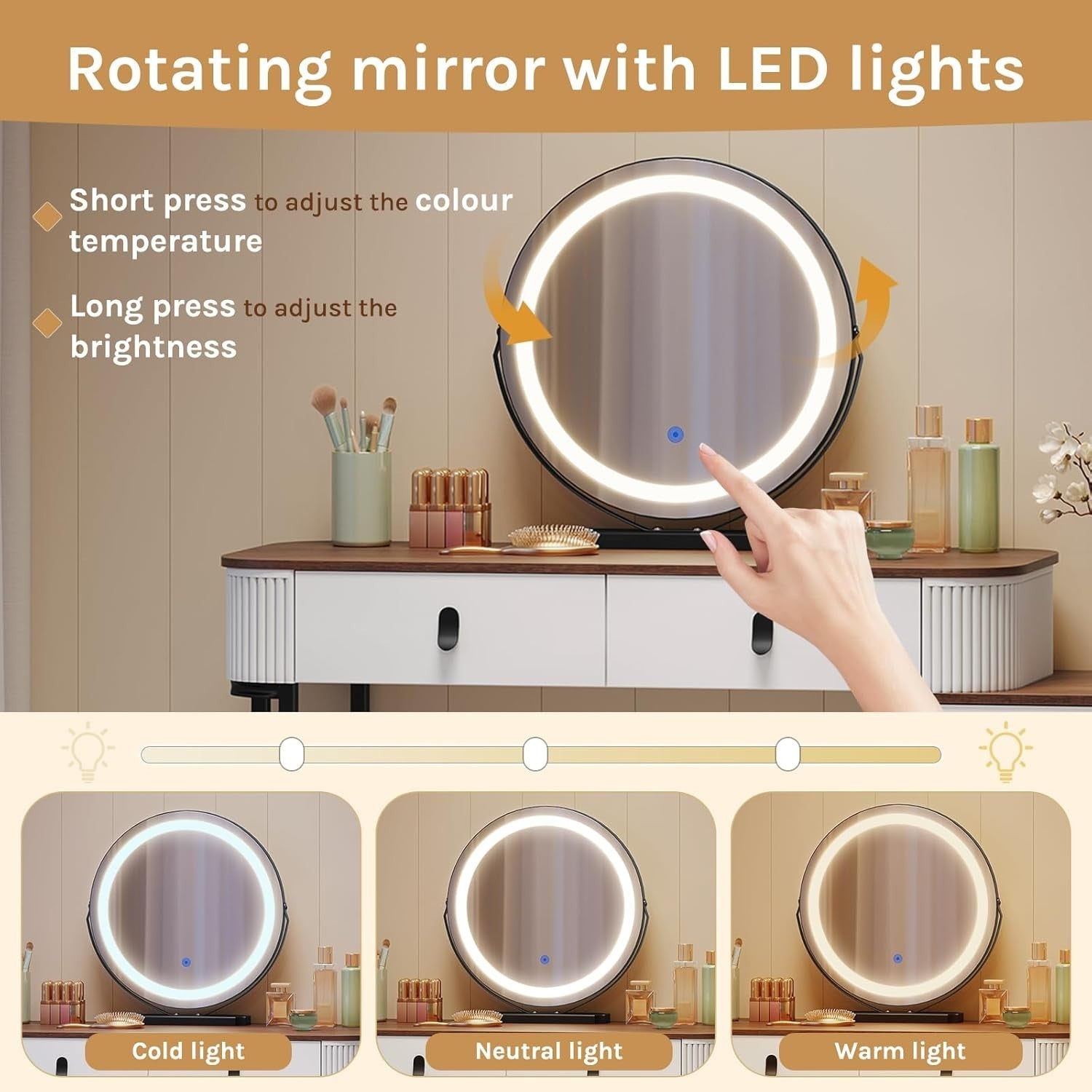 Orange Brown Dressing Table Vanity Desk Set LED Mirror Stool 5 Drawers Storage