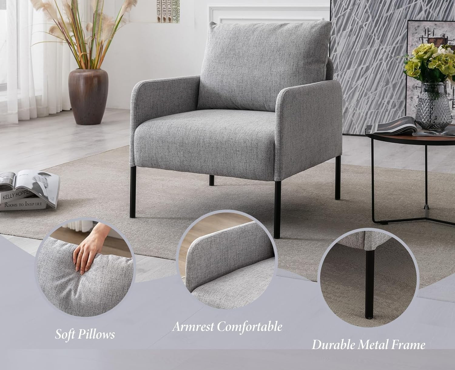 Modern Accent Armchair Grey Linen Lounge Chair Metal Legs Sofa