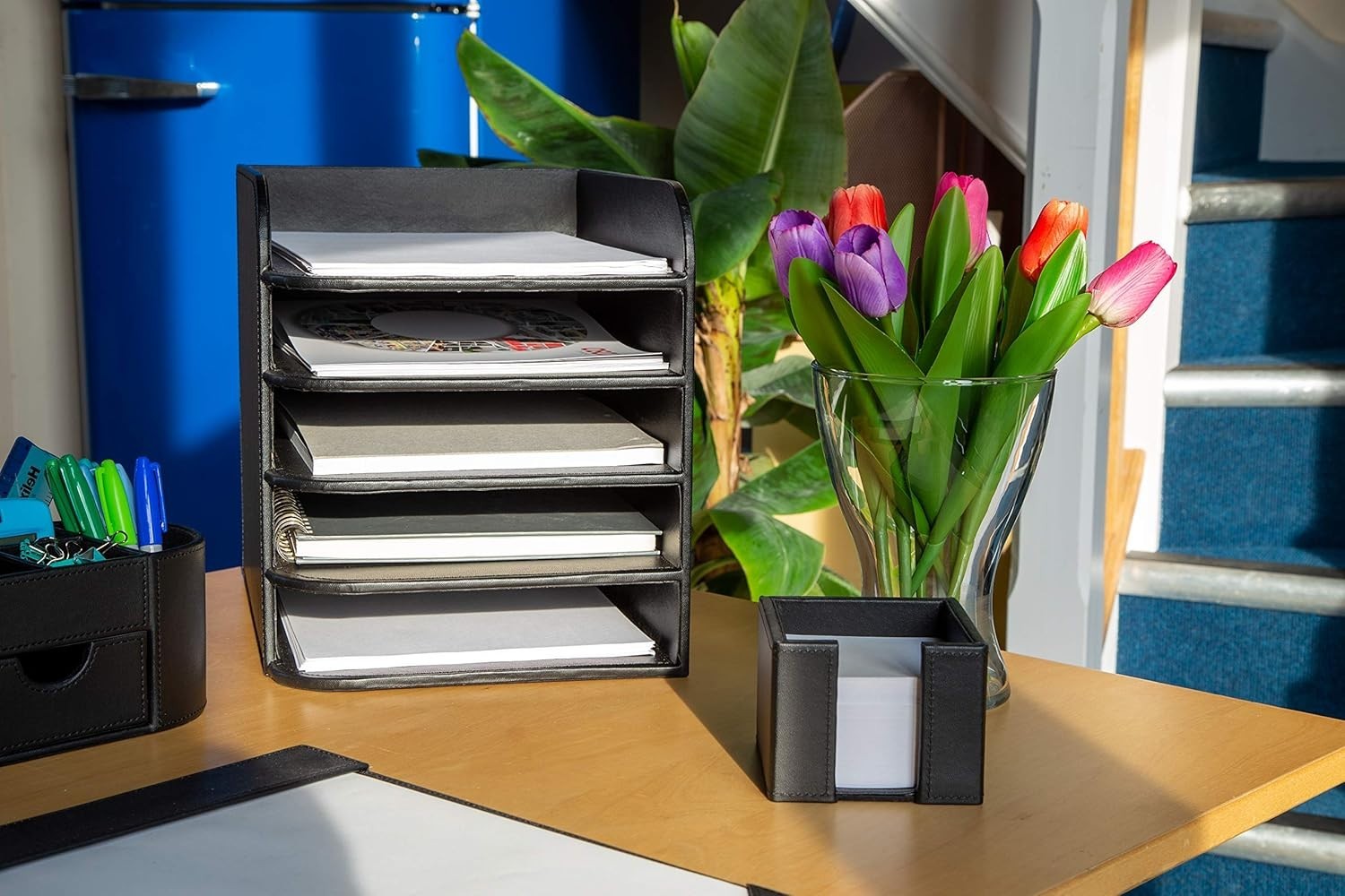 5-Tier Faux Leather Desk Letter Tray A4 File Organiser Paper Storage