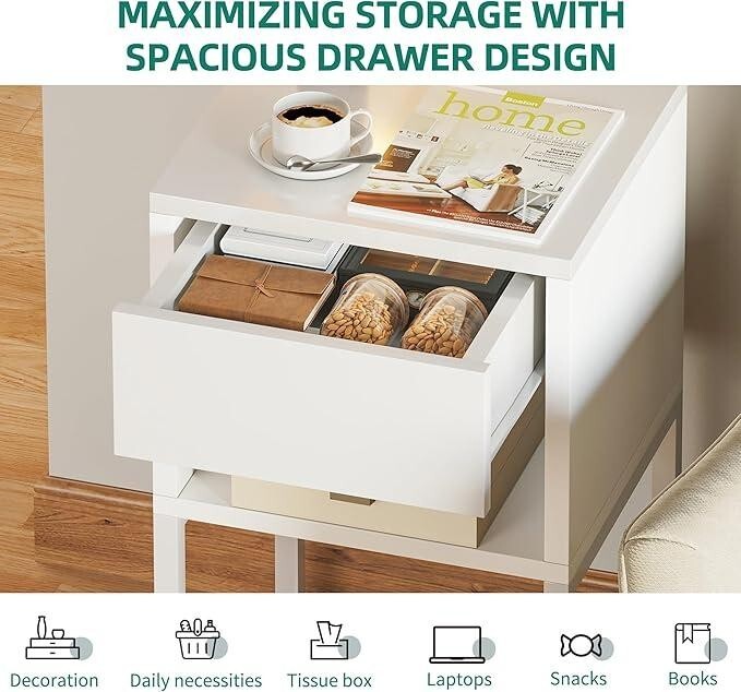 2x LED Bedside Tables White Slim Nightstand Drawer Small Side Table