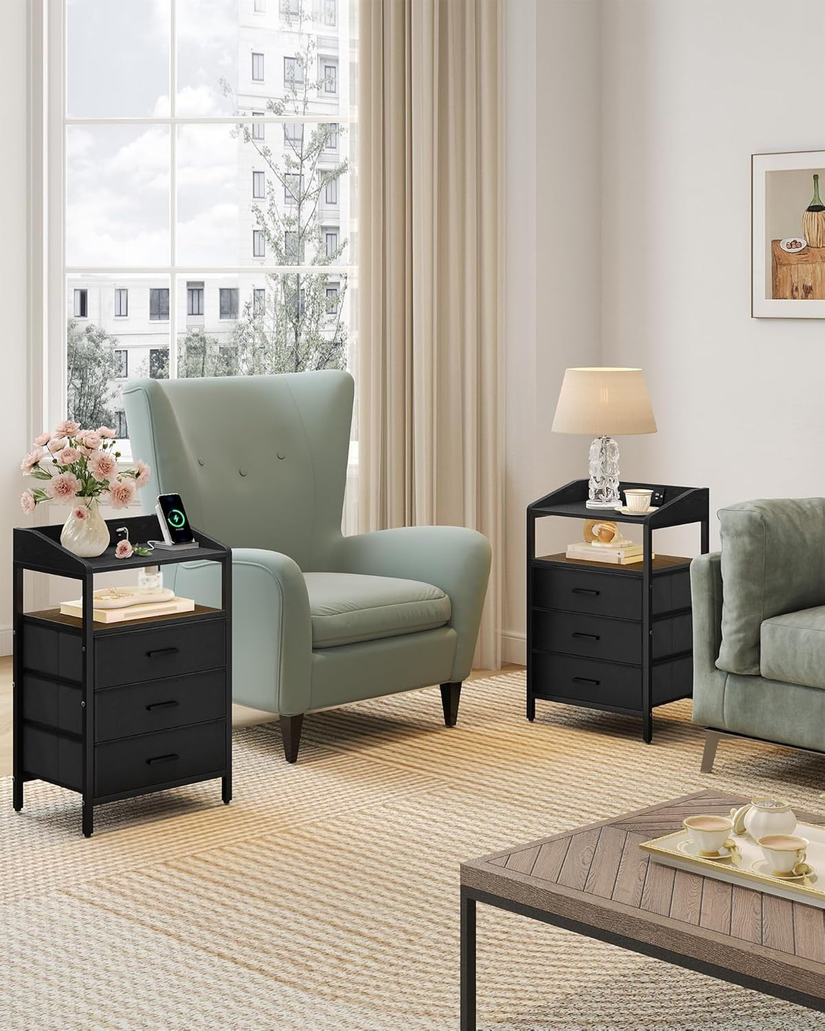 Black LED Bedside Table with USB Ports & 3 Drawers – Modern Nightstand