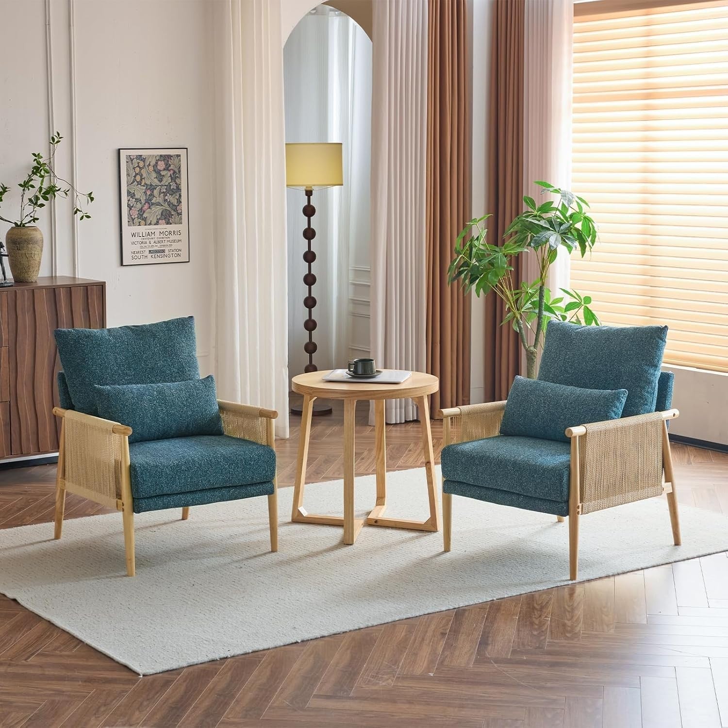 Mid-Century Modern Accent Chair with Cushioned Seat & Solid Wood Armrests