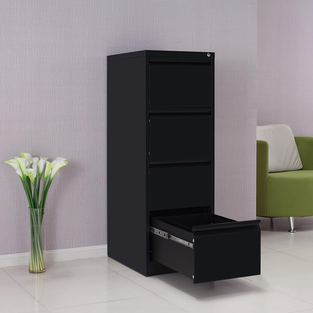 Black Metal Filing Cabinet 4 Drawer Lockable Heavy Duty Office Storage