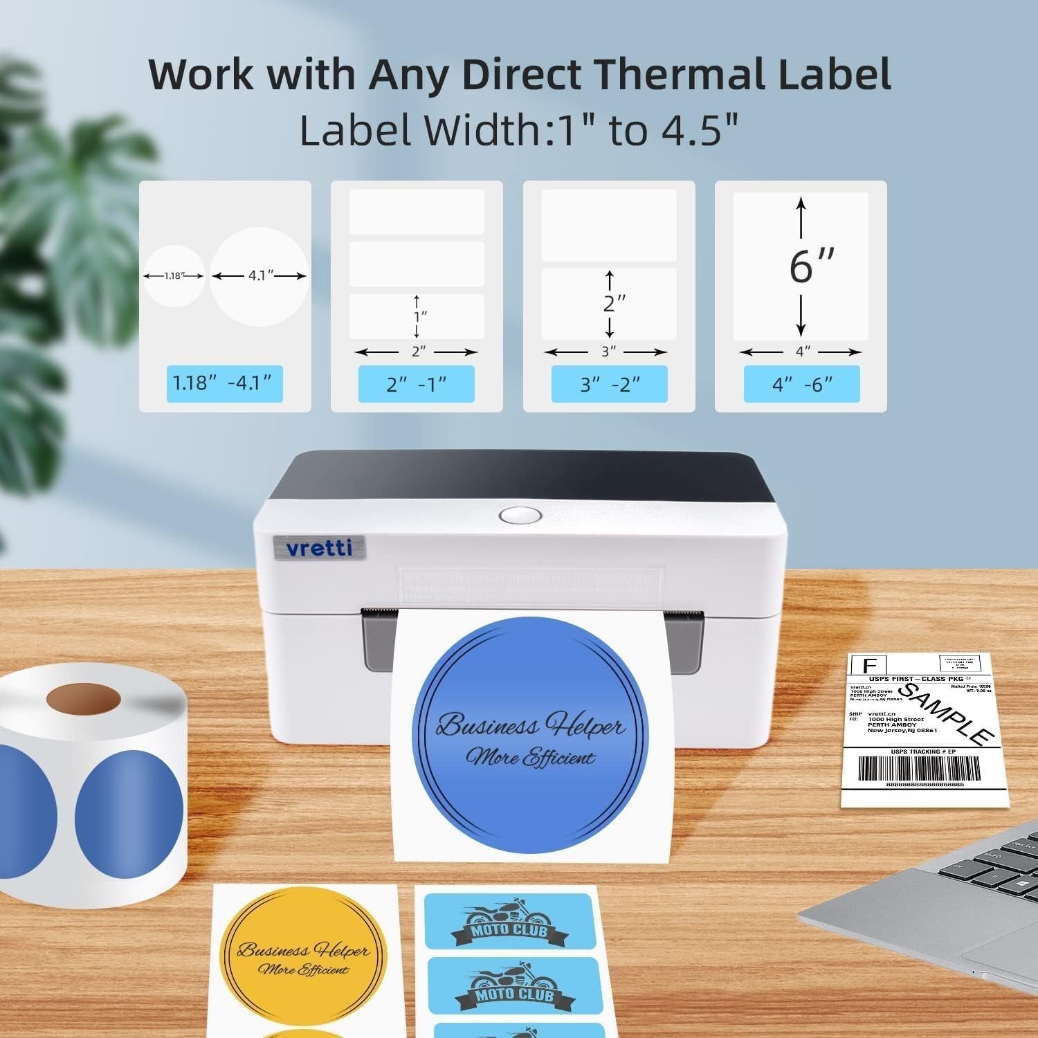 4x6 Thermal Shipping Label Printer USB Bluetooth 203DPI White 40–110mm