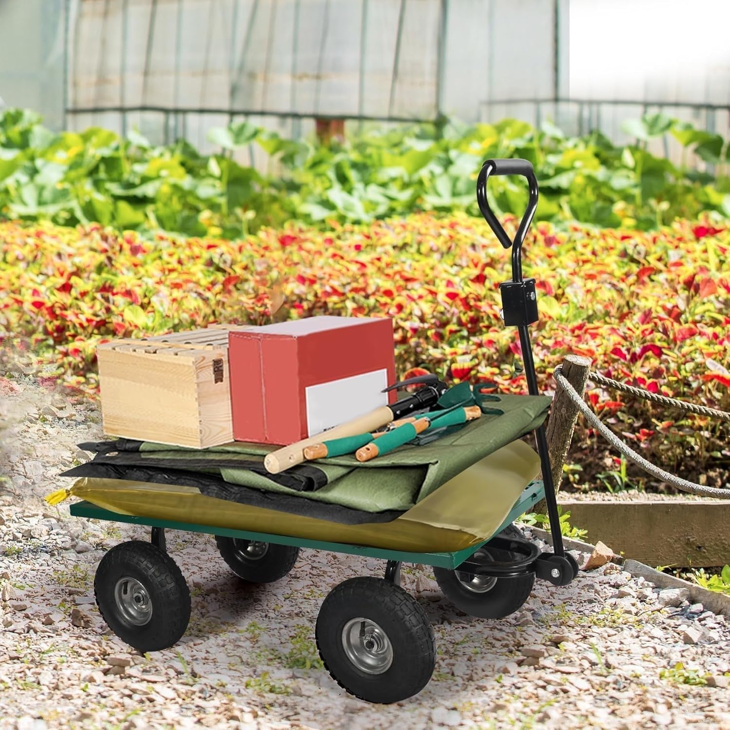 Heavy Duty Garden Cart Wagon 650lb Capacity Flatbed w/ Removable Sides & Liner