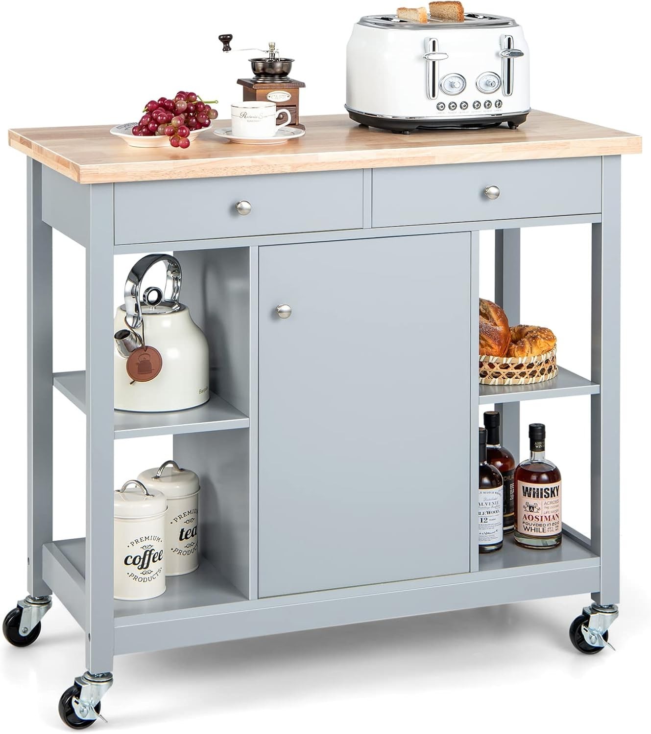 Mobile Kitchen Island Cart with Rubber Wood Top, Adjustable Shelves & Locking