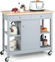 Mobile Kitchen Island Cart with Rubber Wood Top, Adjustable Shelves & Locking