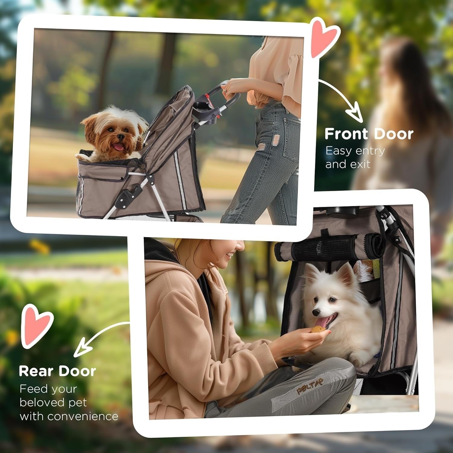 Dog Stroller Foldable 3-Wheel Pet Pram Small Dogs Cats Brown Lightweight