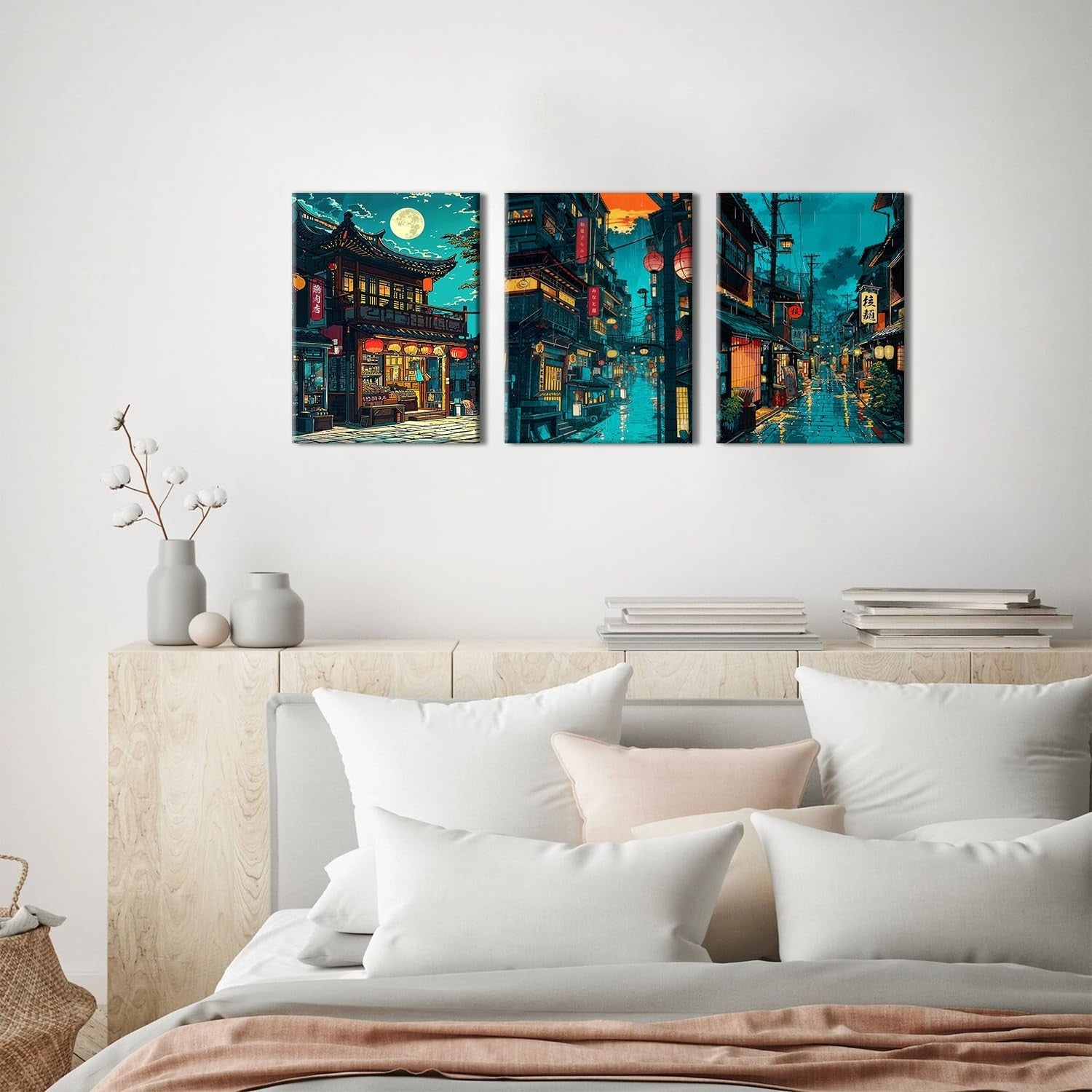 Japanese Anime Tokyo Night Wall Art Set of 3 Framed 12x16in