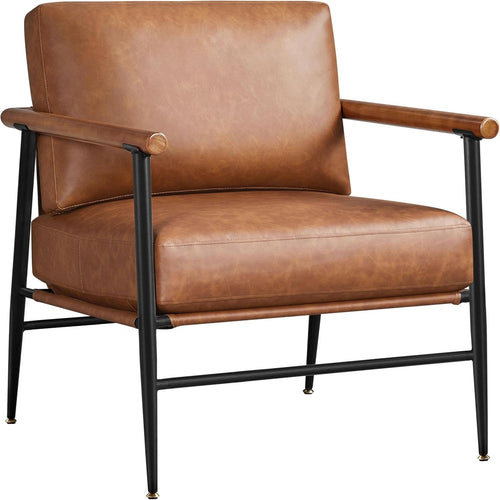 Retro Brown Faux Leather Lounge Chair Comfy Armchair Metal Frame Seat