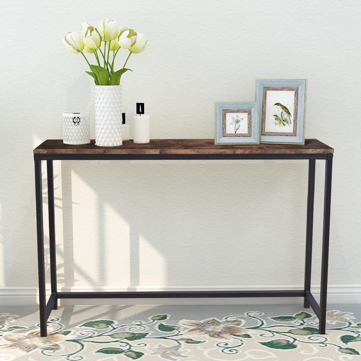 Rustic Narrow Console Table Wood Metal Entryway Hallway Desk 105cm Sturdy