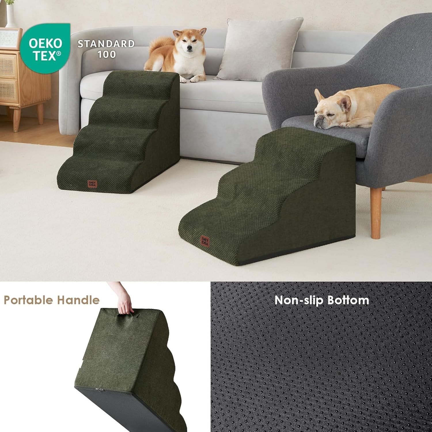 3 Step Dog Stairs for Bed Non Slip Foam Pet Steps Olive 40x57x40