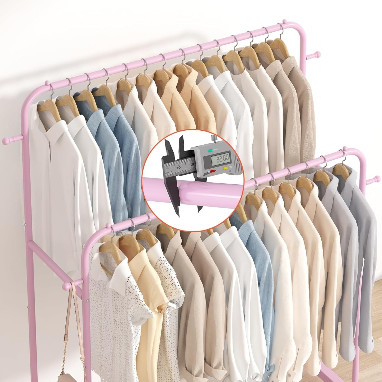 Pink Double Clothes Rail with Wheels & Hooks 169cm