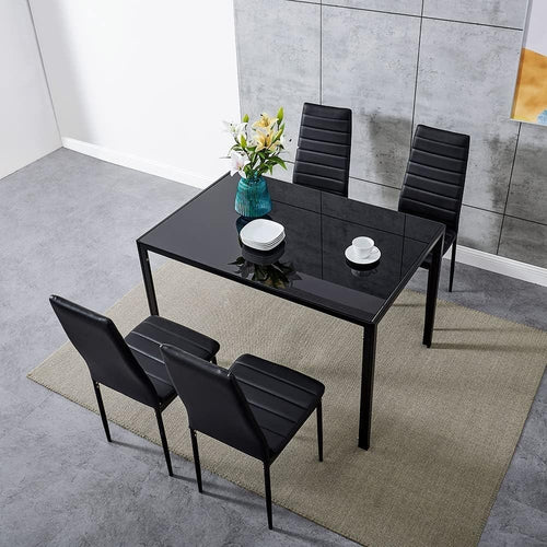 Black Tempered Glass Dining Table & 4 PU Leather Chairs - Stylish & Durable