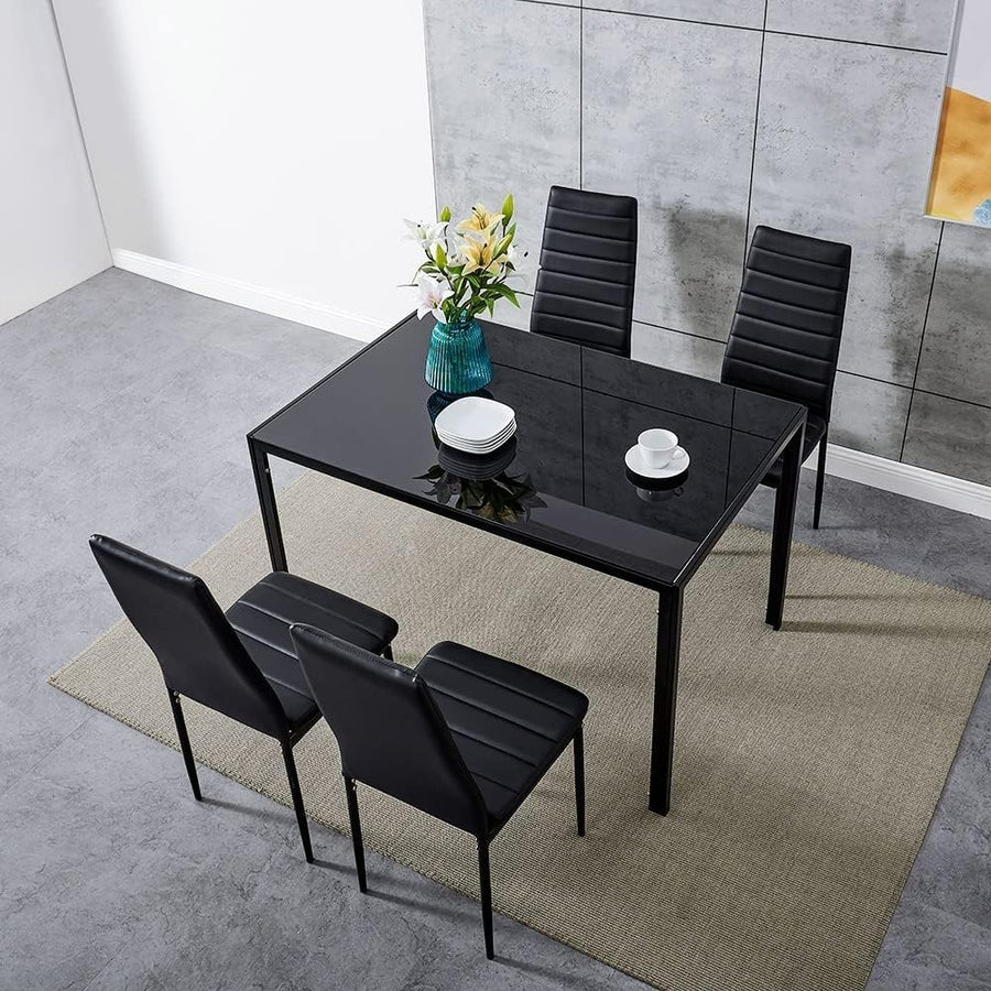 Black Tempered Glass Dining Table & 4 PU Leather Chairs - Stylish & Durable