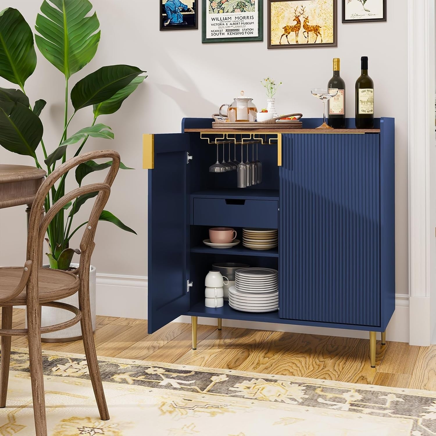Luxury Blue Drinks Cabinet with Wine Rack & Glass Holders – Modern Bar Sideboard