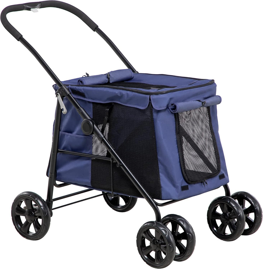 Dog Stroller Pushchair 4 Wheel Pet Pram Rolling Door Cushion Blue
