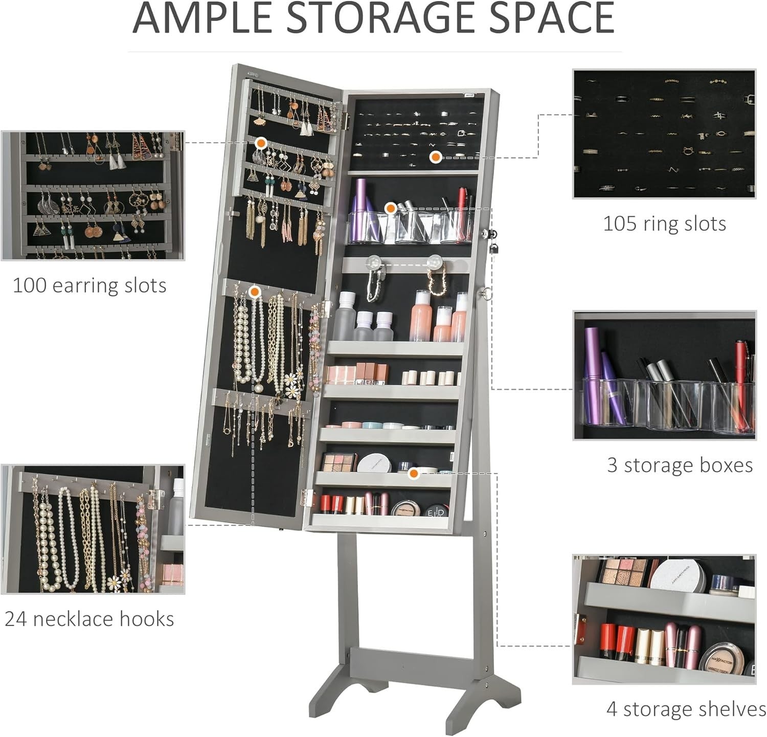 Grey LED Jewelry Armoire Freestanding Full Mirror Lockable Storage