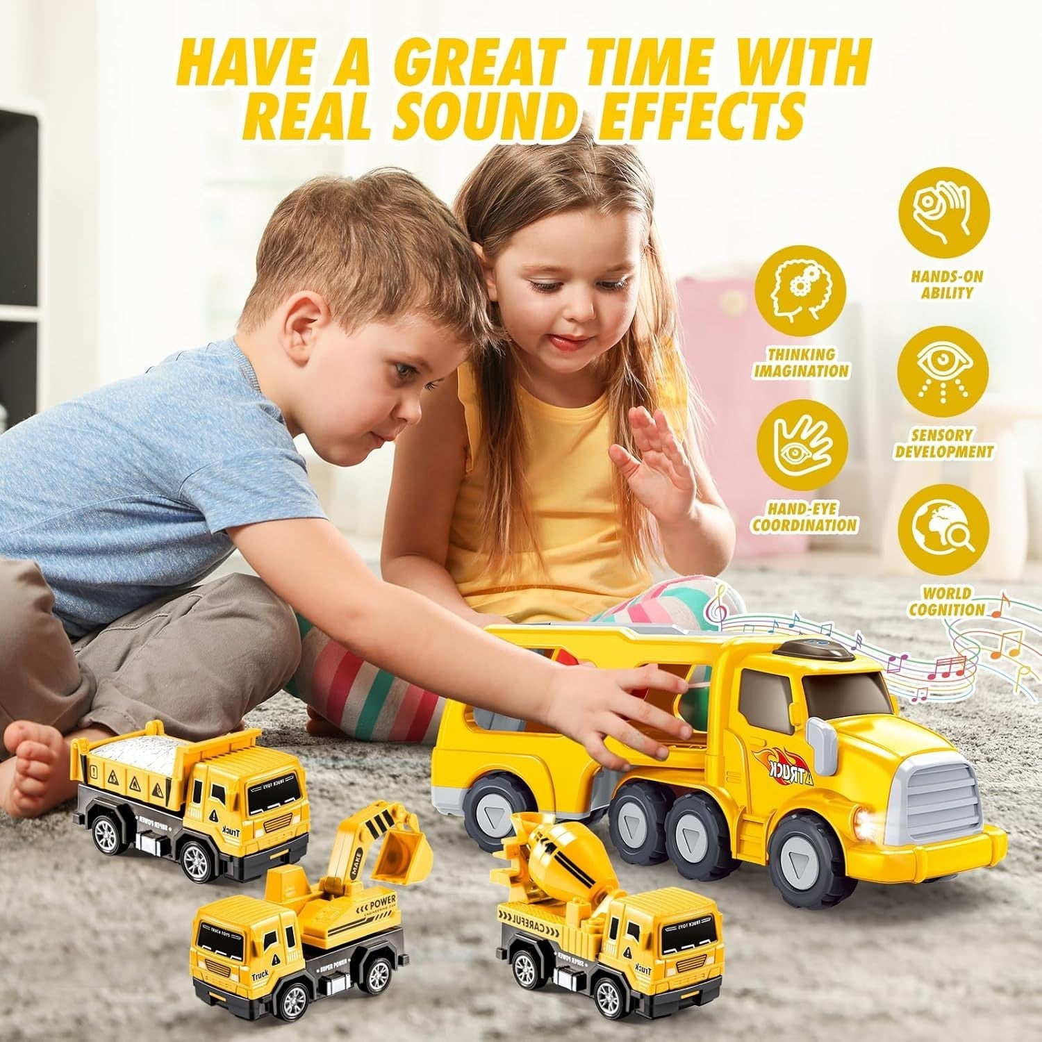 Construction Toy Truck Set for Boys Age 2-6, 5-in-1 Digger Vehicle Gift
