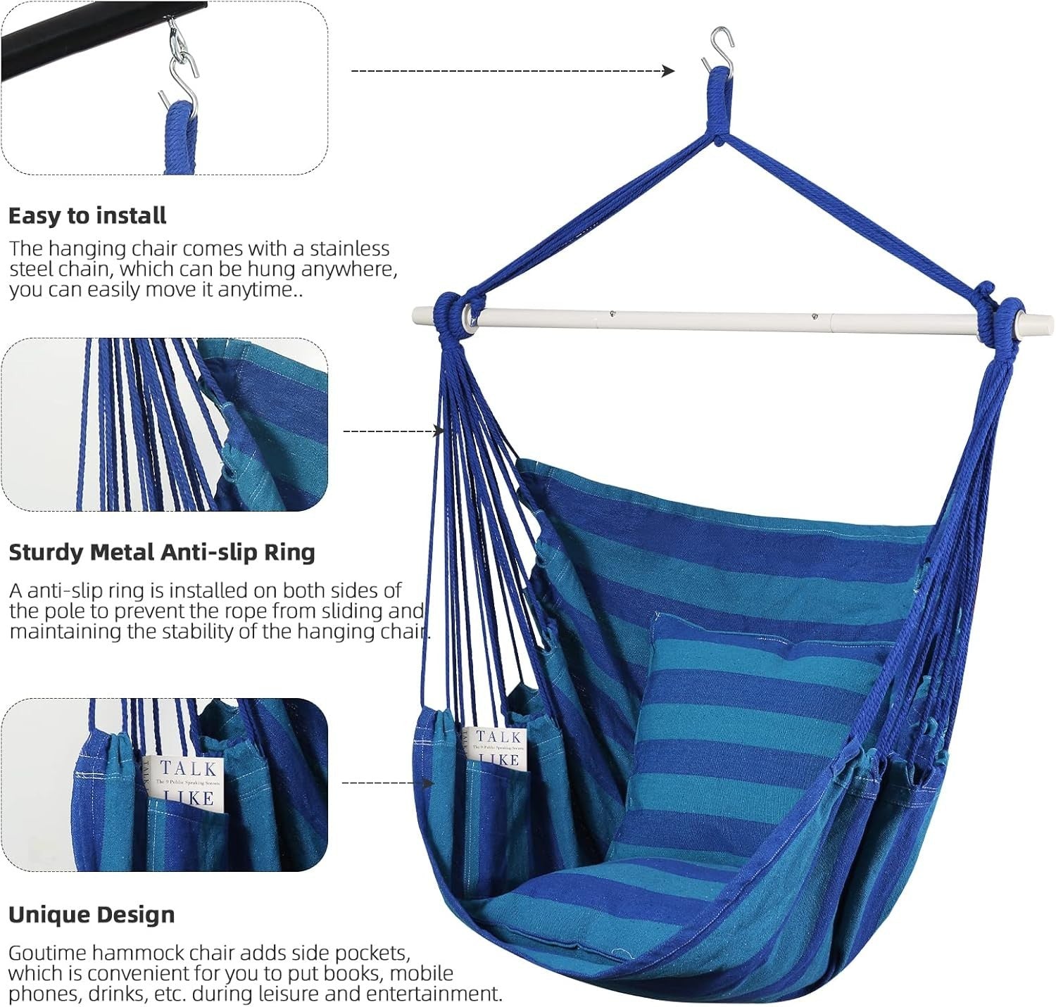 Hammock Chair Swing w/ Cushions, Support Bar & Bag | Indoor Outdoor 150kg