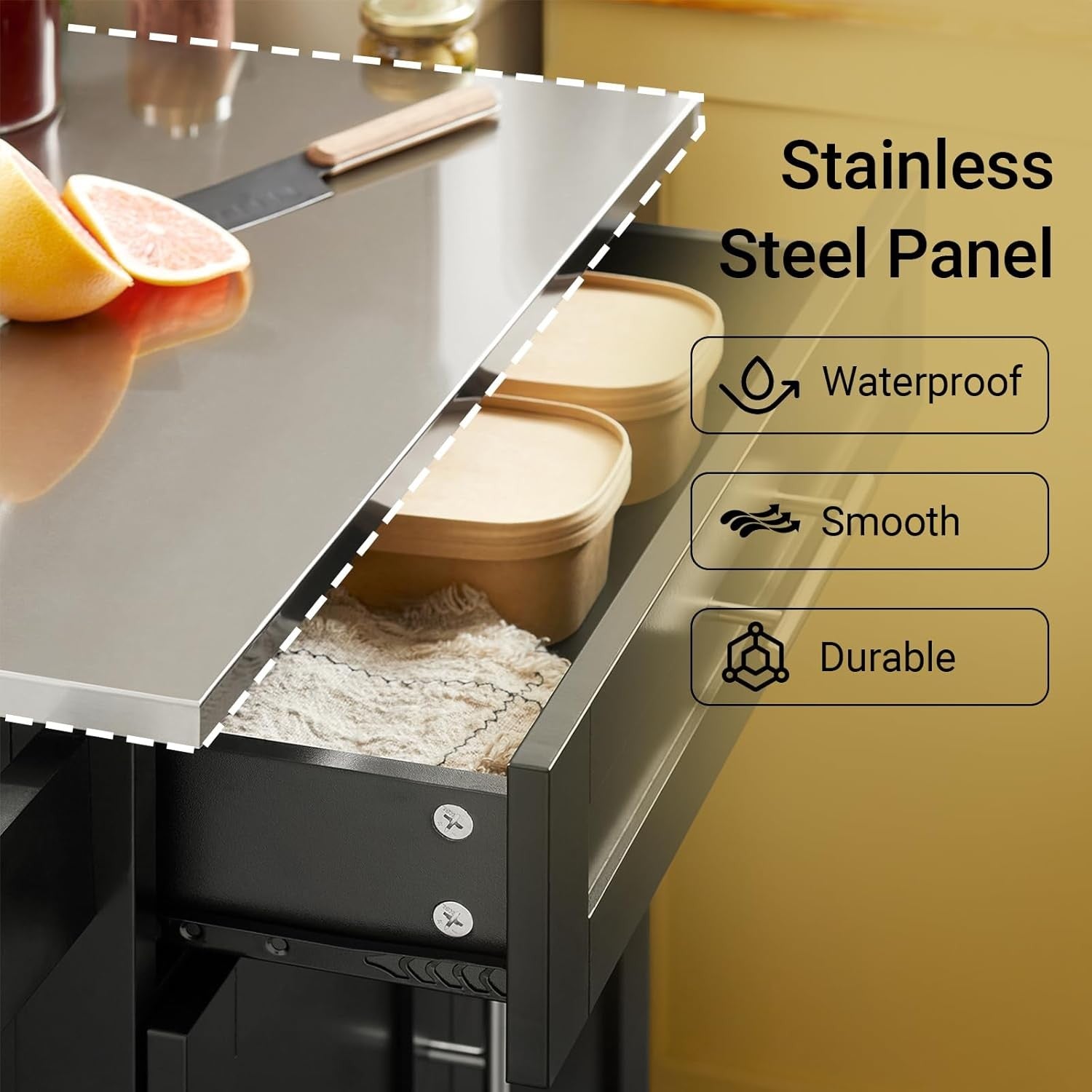 Kitchen Island Cart on Wheels Storage Cabinet Stainless Steel Top Trolley