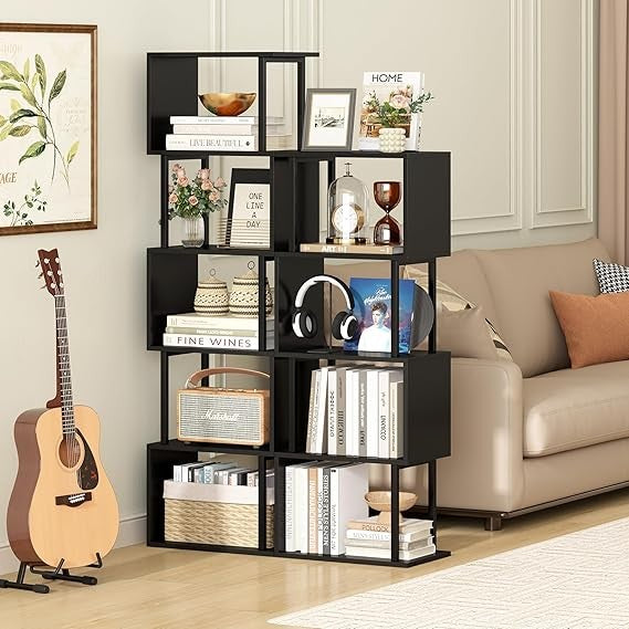 Modern S-Shaped 4-Tier Corner Bookshelf | Space-Saving Display Shelf | Black