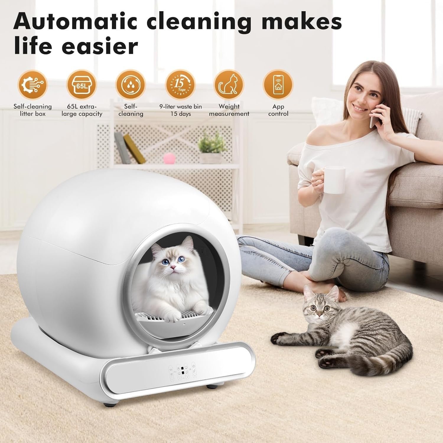 Self Cleaning Cat Litter Box APP Control 65L Multi Cat Odor Free