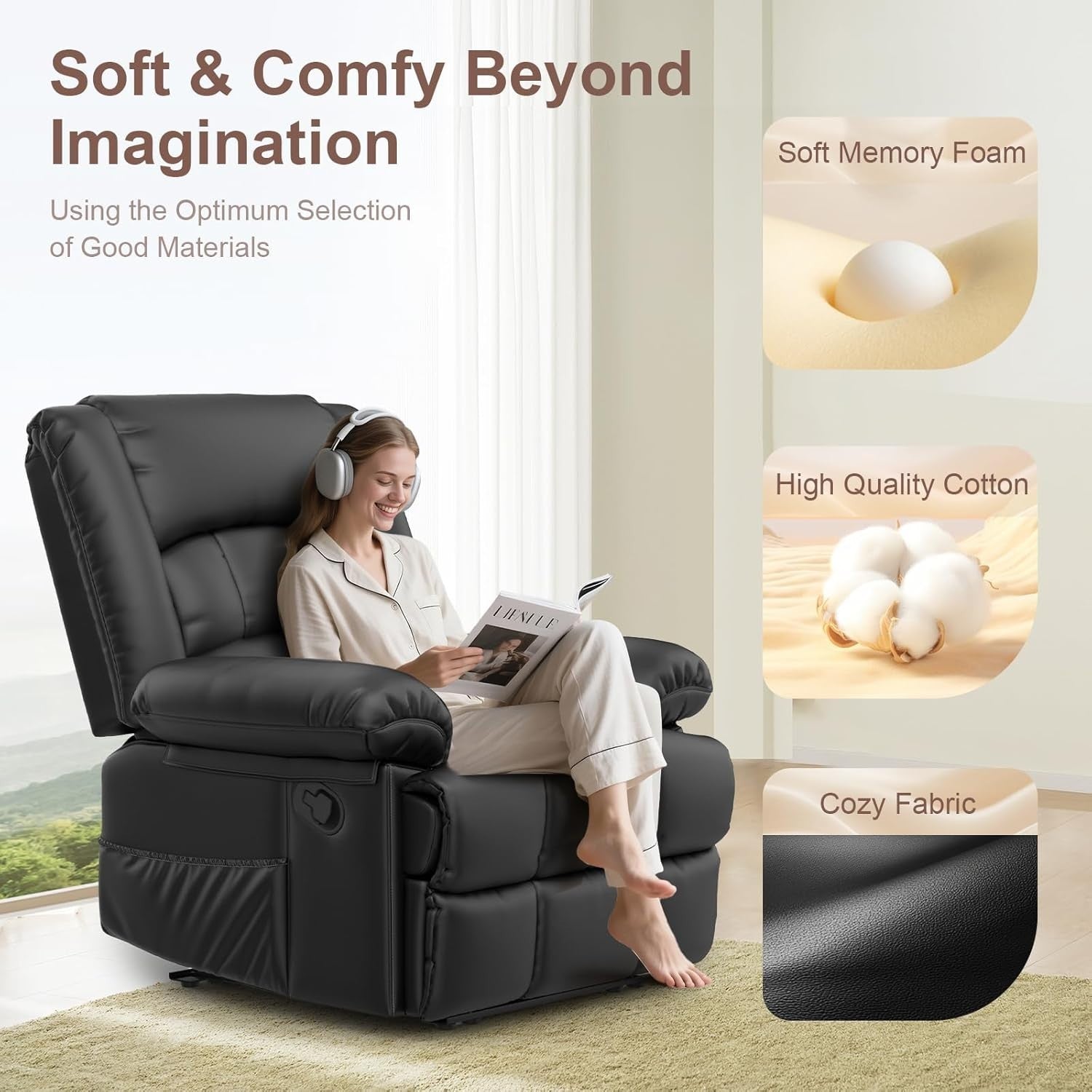 Manual Recliner Chair Massage Heat 135° Recline Footrest Dual Pockets Black