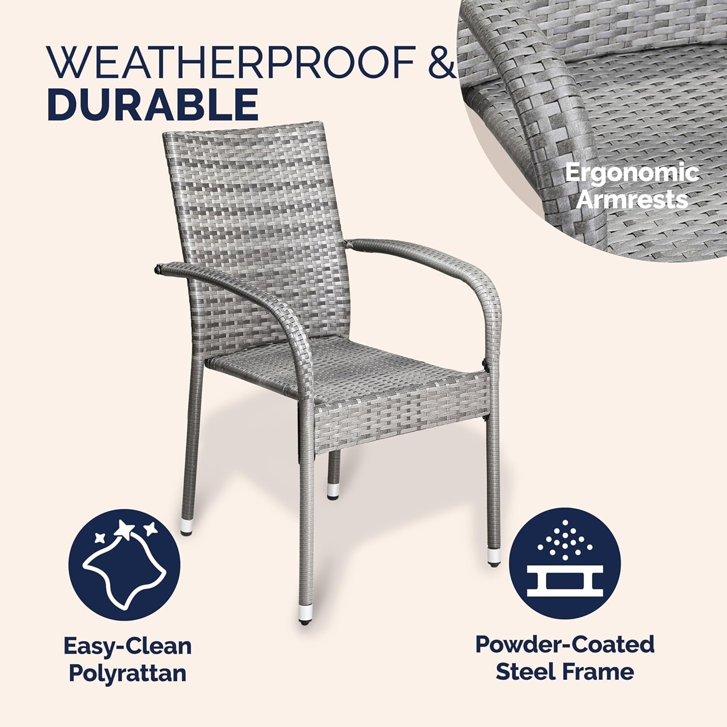 4pc Stackable Rattan Garden Chairs Grey Patio Balcony Outdoor Armchair Set