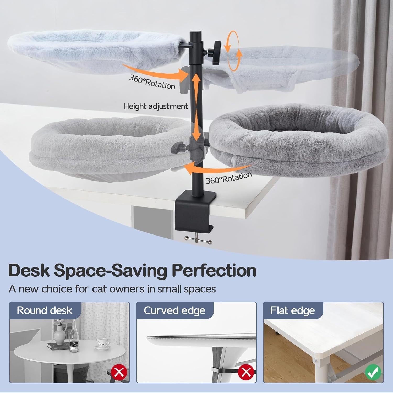 Dual Desk Cat Bed Rotating Cat Hammock for 2 Cats Adjustable Perch