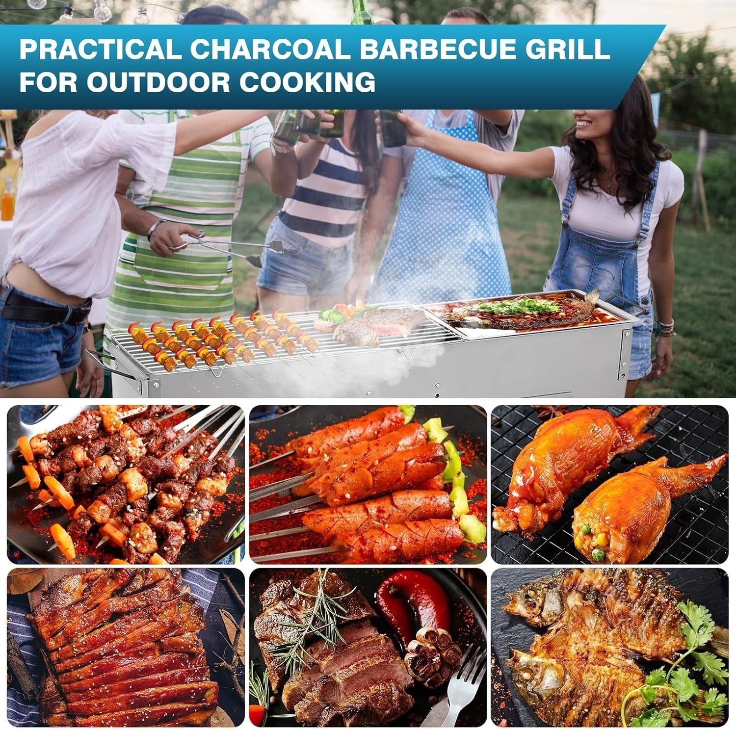 Portable Stainless Steel Charcoal BBQ Grill Folding Stand + 25 Kebab Skewers