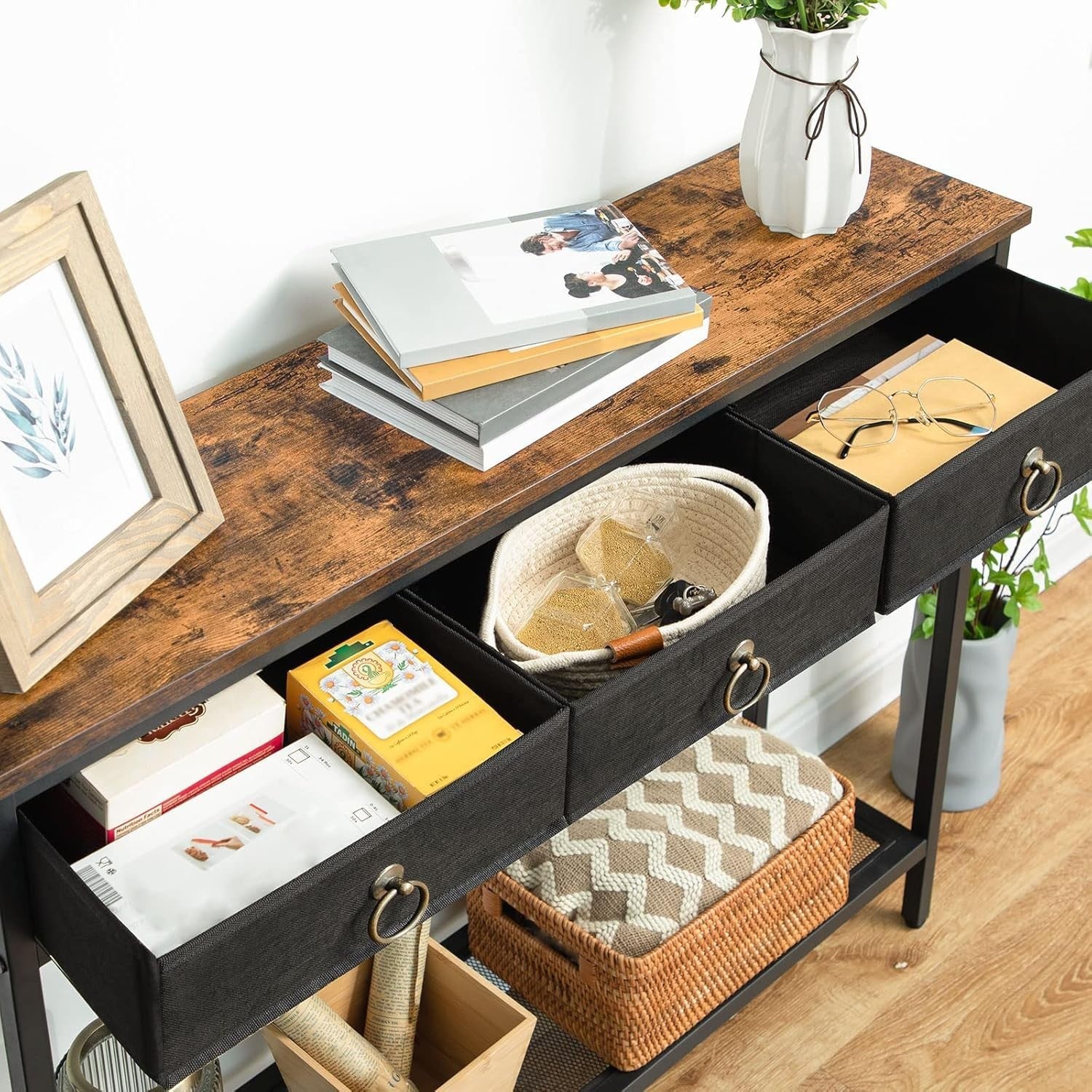 Industrial Console Table with Drawers & Shelf, Slim Metal Frame, 100cm