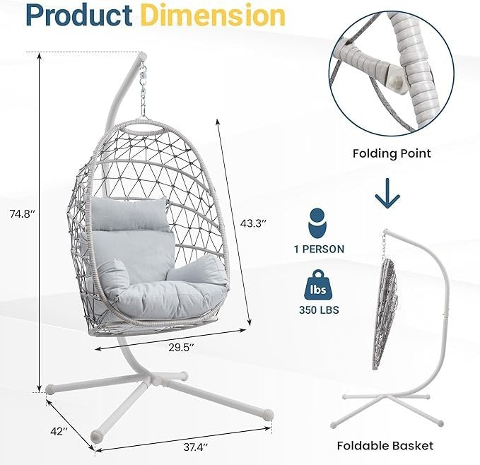 Luxury Egg Hanging Chair with Stand Indoor Outdoor Rattan Swing Seat 350lbs