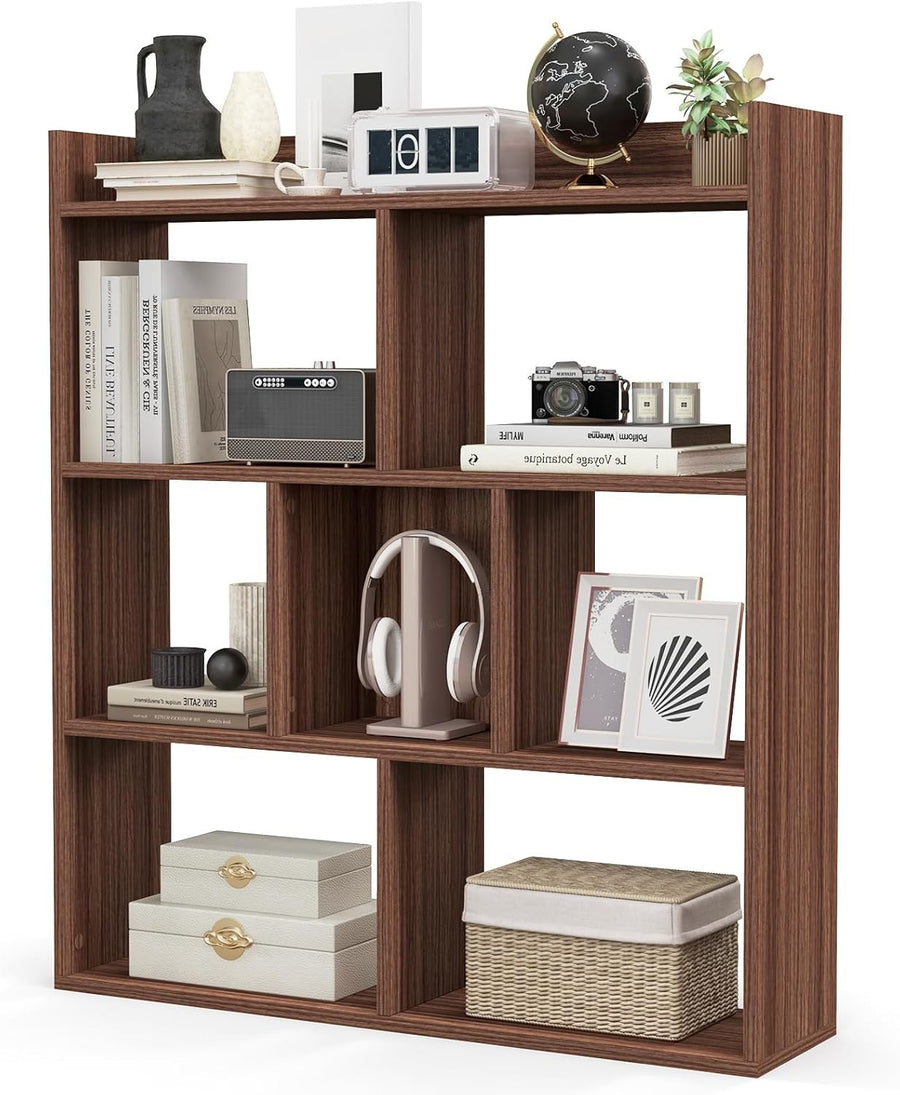 Walnut 7-Cube Bookcase Freestanding Storage Display Shelf with Anti-Topple Kit