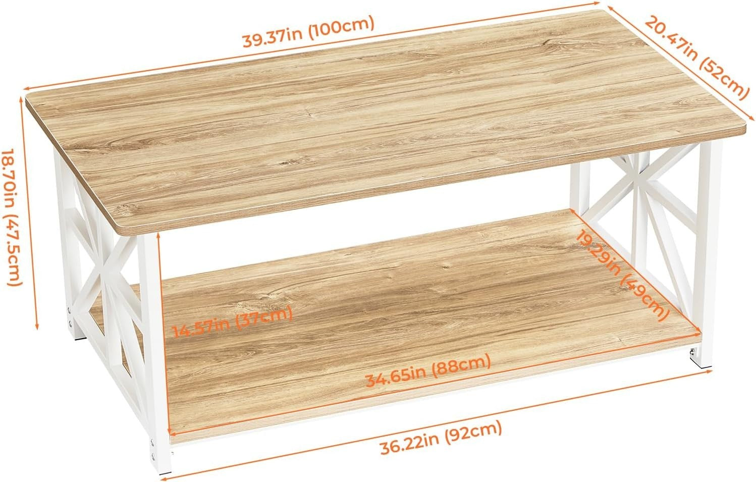 2-Tier Beige Coffee Table with X-Frame, Rounded Corners, 100cm Storage