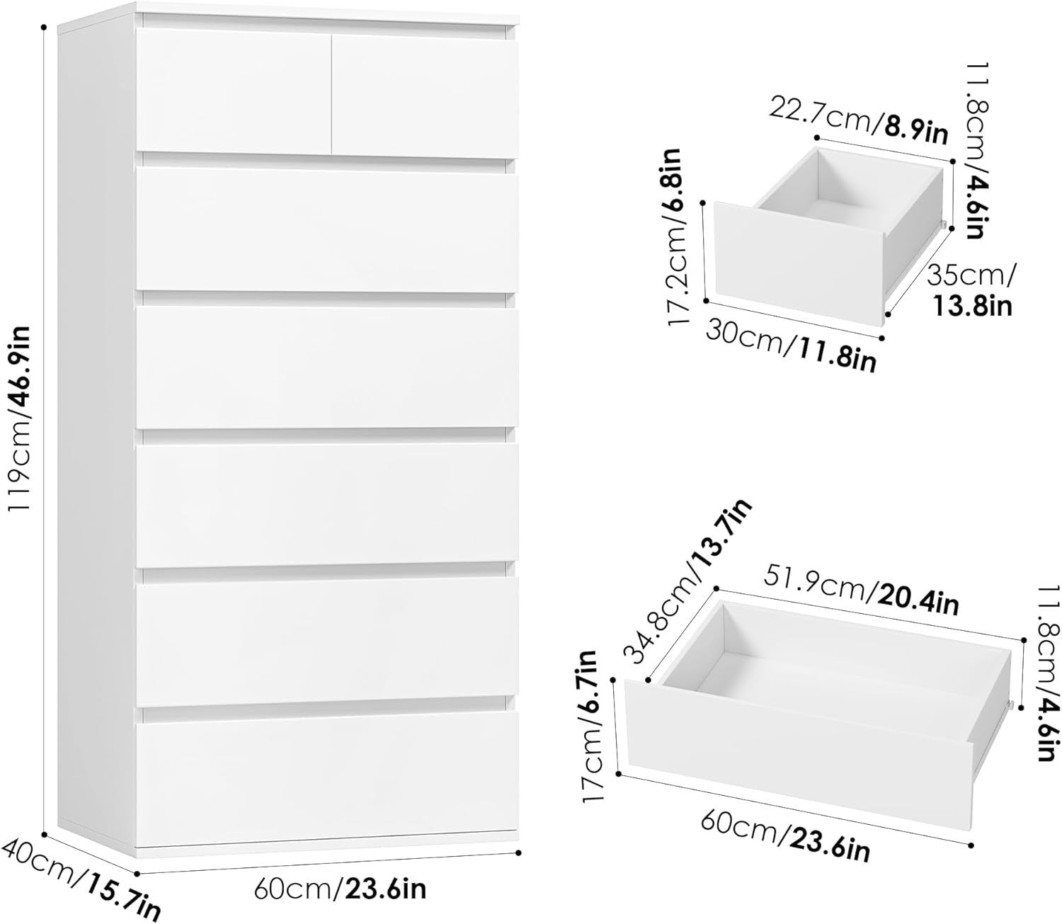 White 7 Drawer Tall Chest Modern Bedroom Storage Cabinet 60x40x119 cm