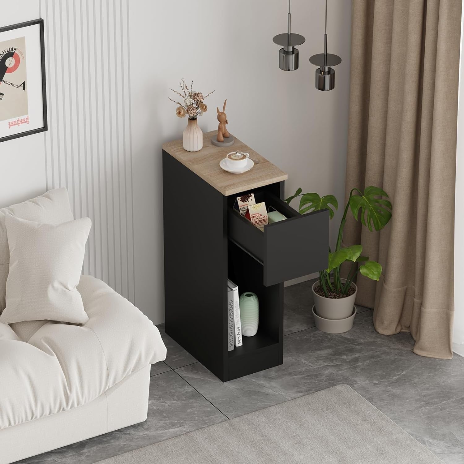 Slim Black Bedside Table Drawer & Shelf, Modern Narrow Nightstand Storage