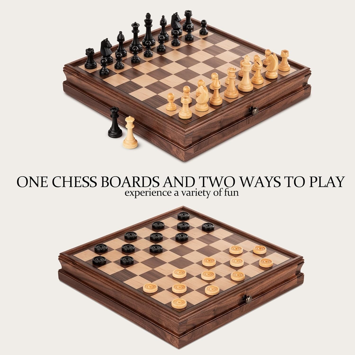 15" Walnut Wooden Chess Set w/ Storage Drawer & 3" Weighted Pieces