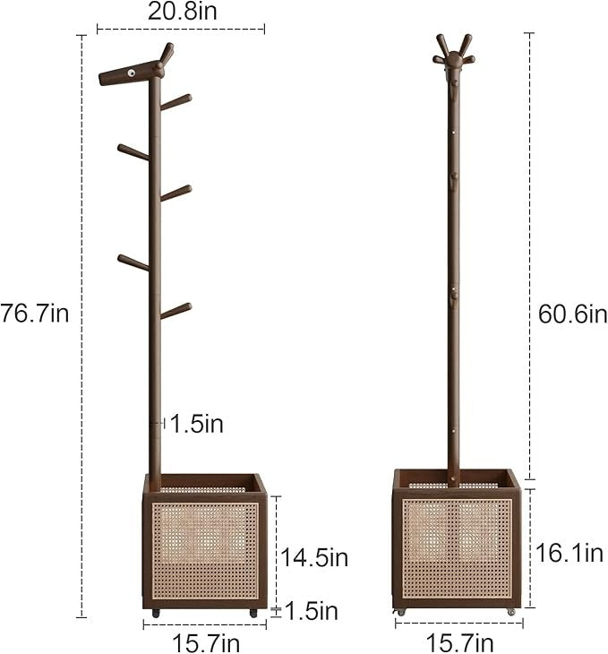 Walnut Wooden Coat Rack Stand | 5 Hooks with Storage Basket Hall Tree
