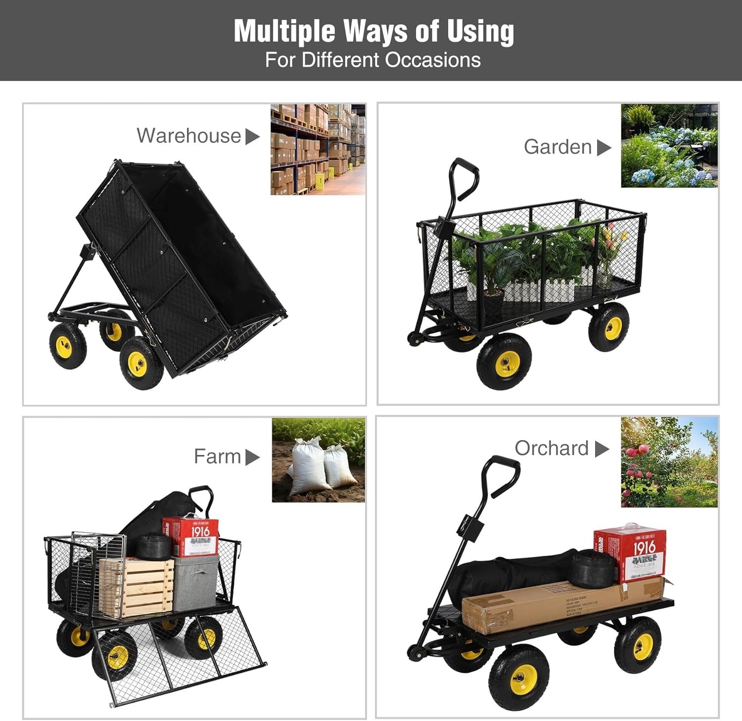 Oversized 800lb Heavy Duty Garden Cart Flatbed Wagon w/ Removable Sides & Dump