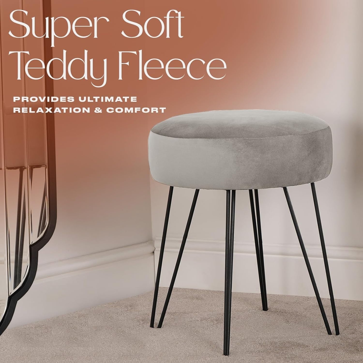 Charcoal Grey Velvet Round Stool Hairpin Leg Vanity Seat Footrest