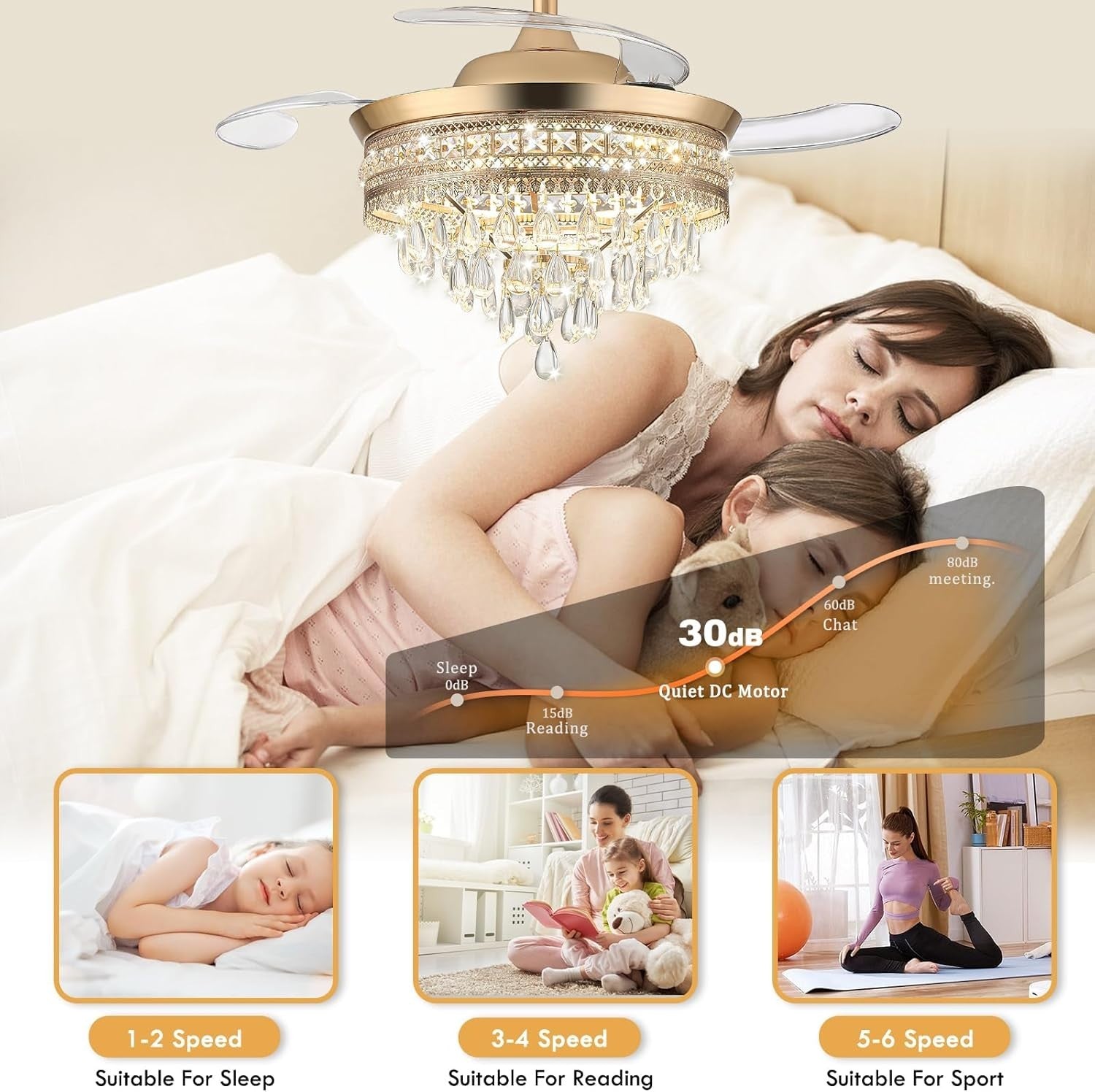 Crystal Ceiling Fan, 6 Speeds, Dimmable LED, Remote, Reversible