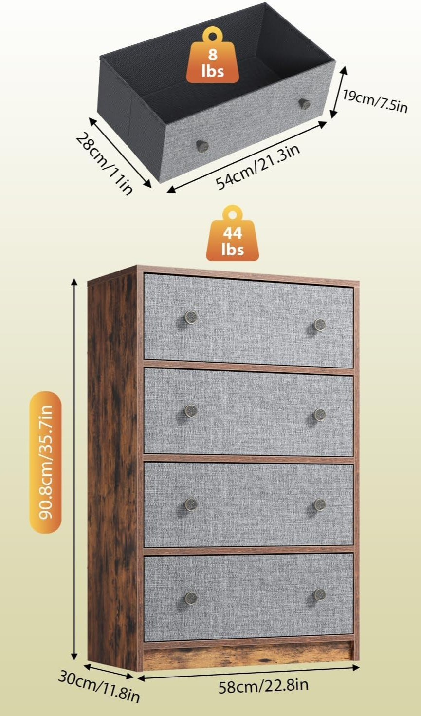 4 Drawer Fabric Chest Grey Rustic Wood Storage Unit for Bedroom Hallway