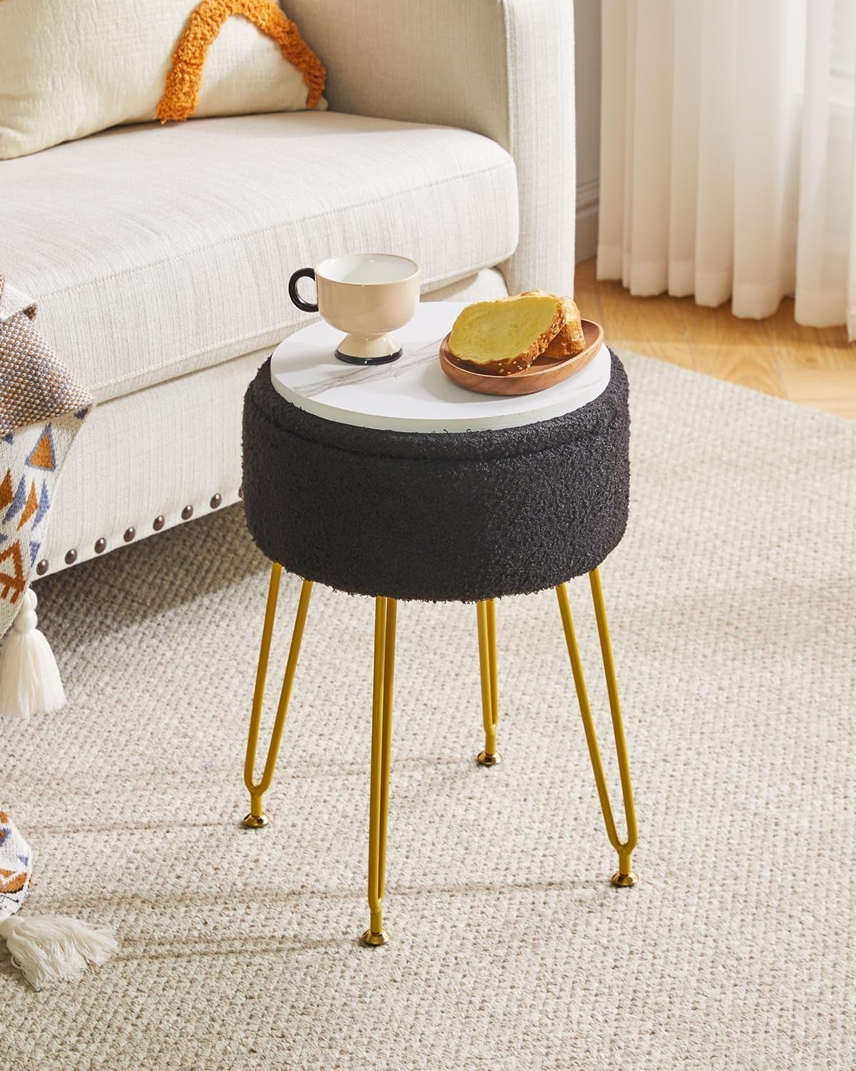Black Teddy Velvet Storage Footrest Stool – Vanity Ottoman with Golden Legs