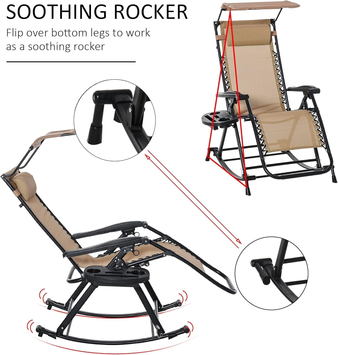 Adjustable Zero Gravity Recliner Rocking Chair with Canopy & Side Holder