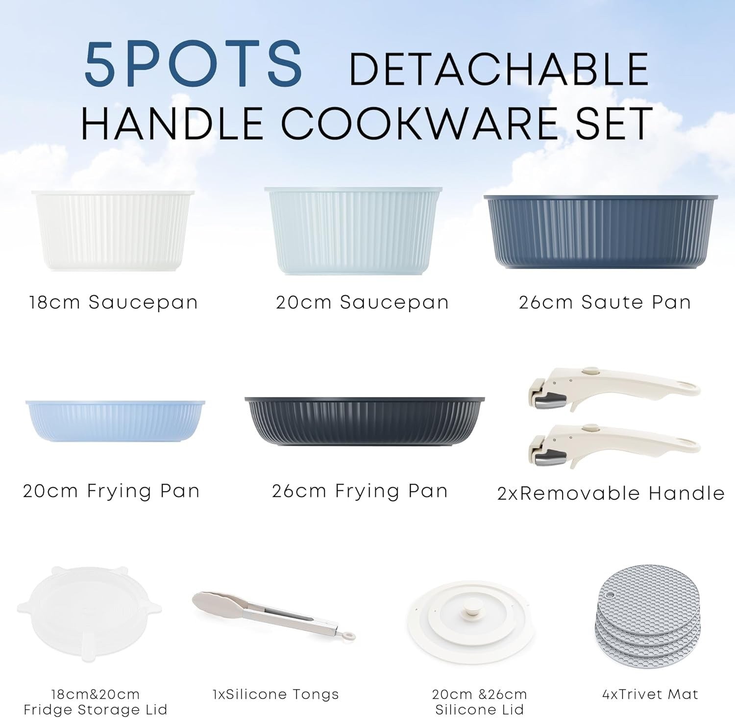 5Pcs Graduated Blue Pots Pans Set with Lids & Detachable Handle Induction Safe