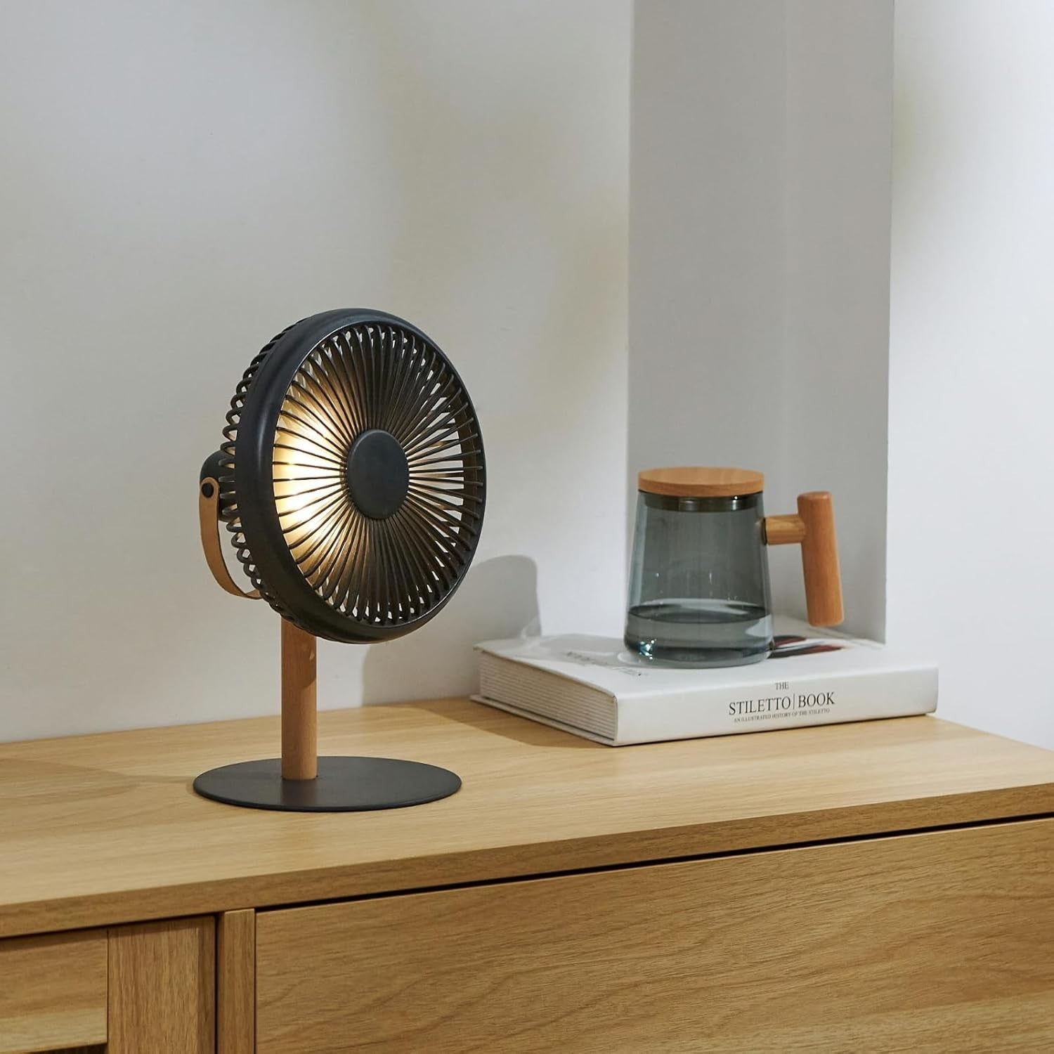 Portable Desk Fan 2-in-1 Rechargeable USB Remote Control Quiet Cooling LED Grey