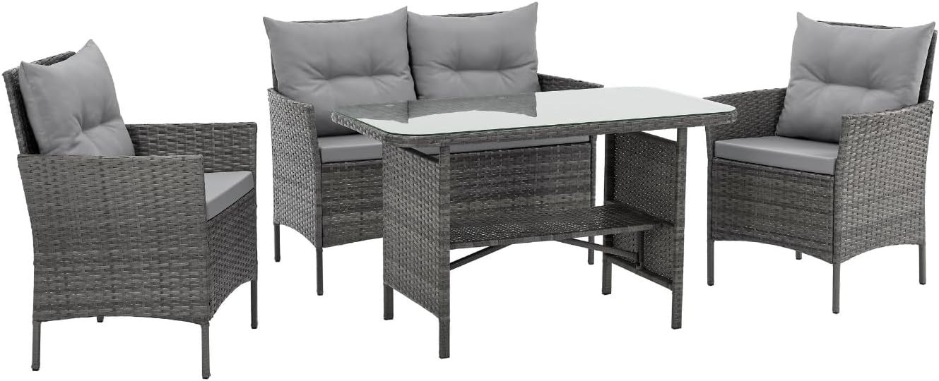 4 Seater Rattan Garden Furniture Set with Cushions & Glass Dining Table