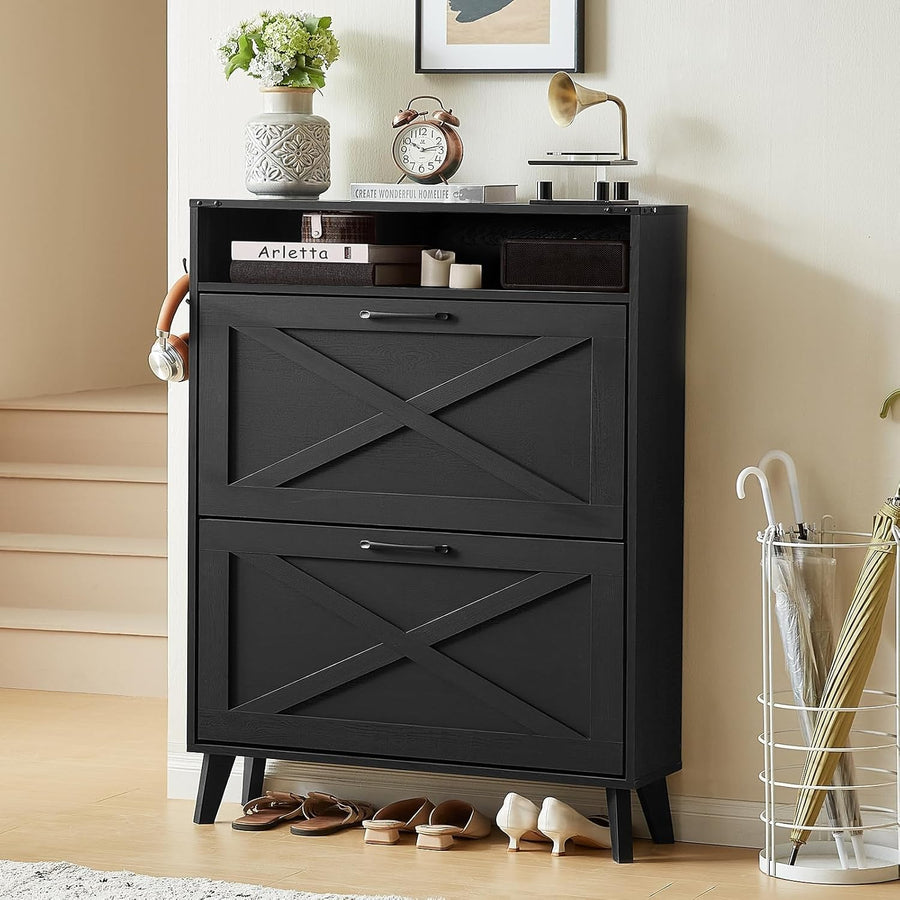 Space-Saving Shoe Cabinet with 2 Folding Doors & Removable Shelves – Black