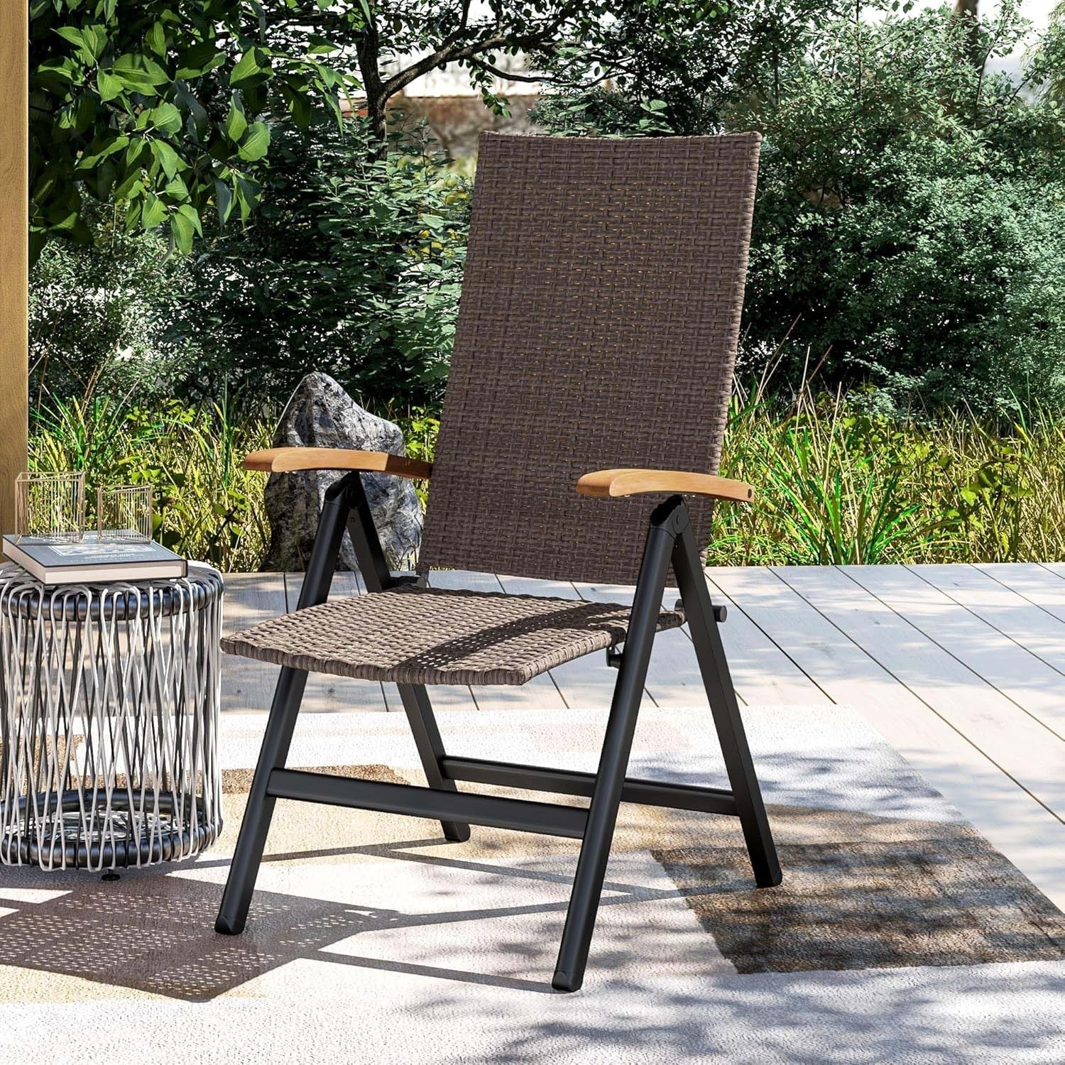 Brown Folding Recliner Garden Chair High Back Rattan Patio Dining Seat